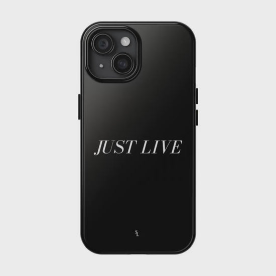 Glossy black phone case for iPhones with 'Just live'  quote and logo of Superior Lifestyle, shockproof, protective cover with raised edges for screen protection